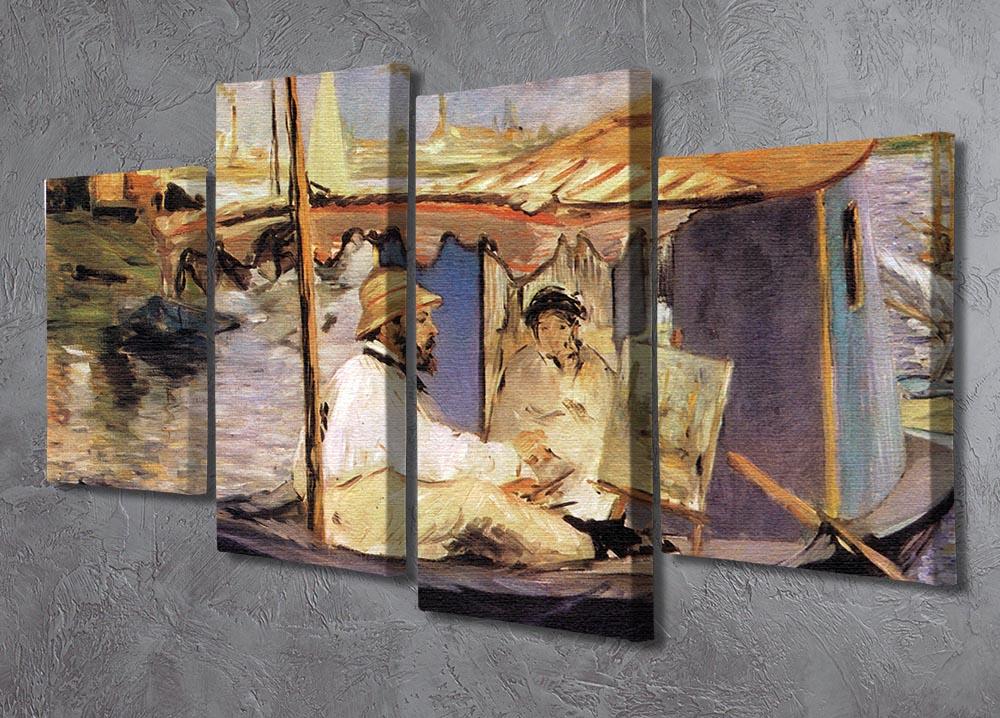 Claude Monet Dans Son Bateau Atelier 1874 artwork displayed as a 4-split panel, showcasing vibrant colors and intricate details.